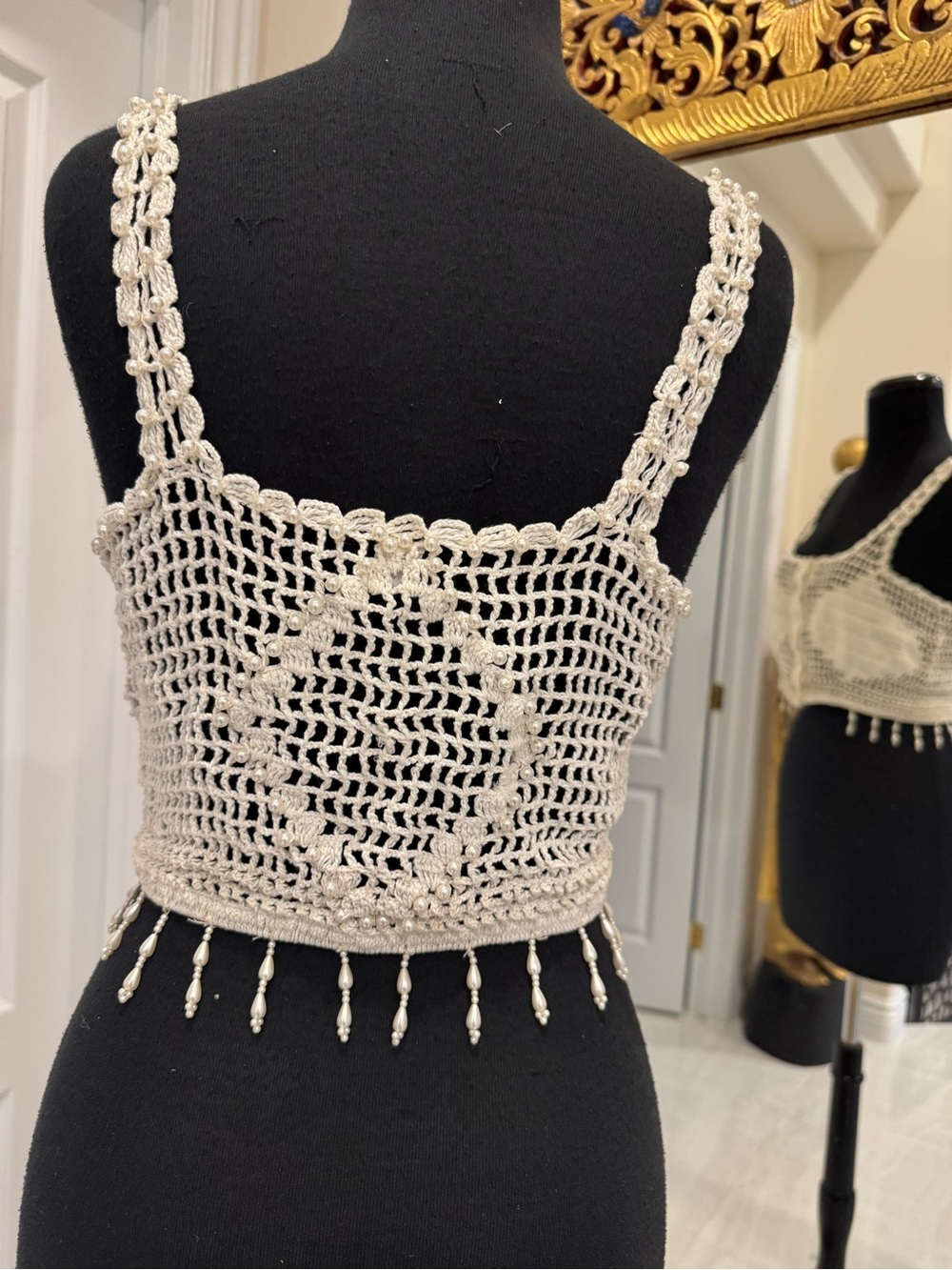 Cream Crochet Button-Front Camisole with Beaded Fringe - Picture 6 of 6